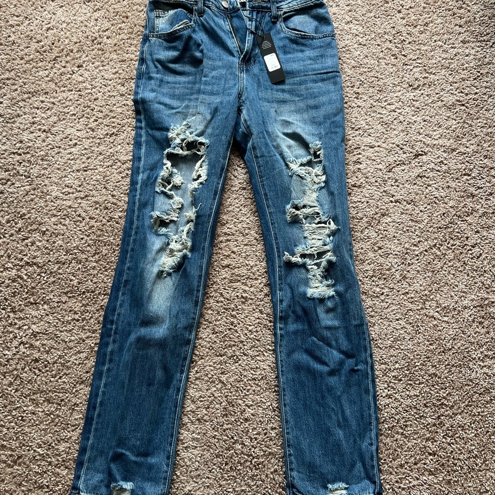 Fashion Nova Tall Jax Distressed High Rise Boyfriend Jeans - Light Blue Wash
